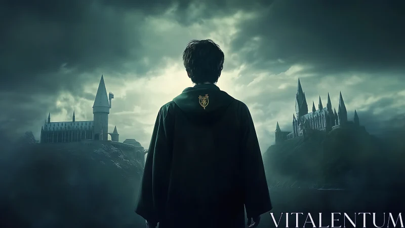 Young wizard faces twin gothic castles under storm sky.