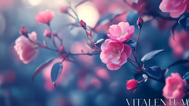 Whispered Blooms: Pink Roses Dance Between Twilight Dreams.