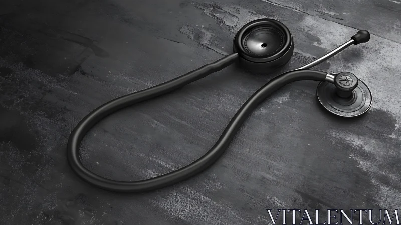 Black stethoscope rests on textured dark surface