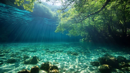 Sunlit forest lagoon reveals crystal water and rocky floor
