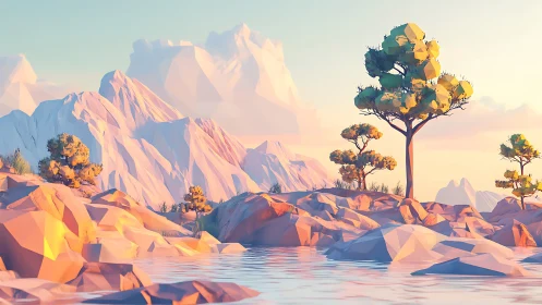 Low poly mountain lake landscape under warm sunrise.