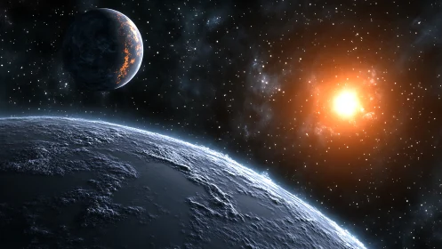 Frozen dawn over volcanic moon in a quiet starfield.