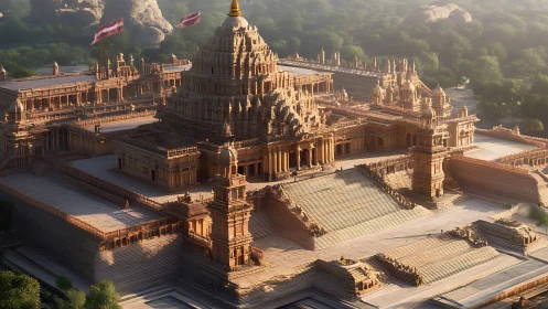 Sunlit sandstone temple complex rises above forested plains.
