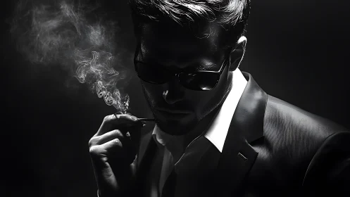 Low-key monochrome portrait of man in suit and smoke plume.