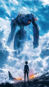 Young pilot faces towering battle mech above the clouds.