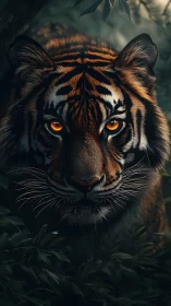 Ember-eyed jungle tiger emerging from midnight foliage.