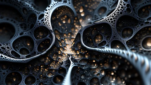 Fractal metallic lattice forms an intricate glowing landscape.