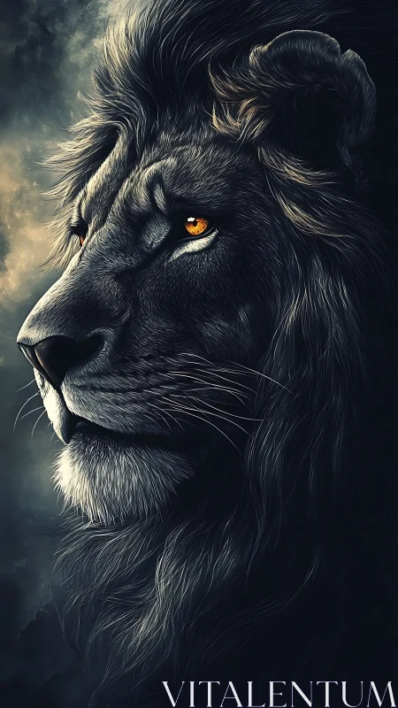 Side profile digital rendering of dark-maned lion head.