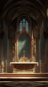 Gilded neo-gothic altar under teal vaulted sanctuary light.