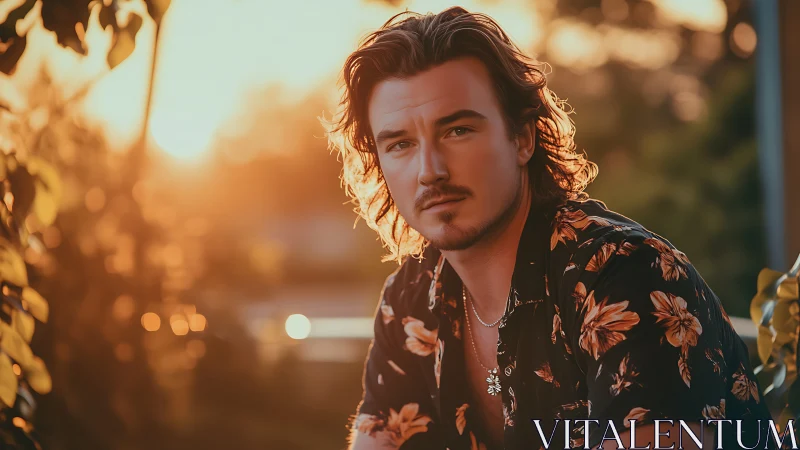 Sunlit portrait captures a relaxed man in golden hour glow
