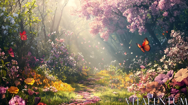 Sunlit blossom path with drifting butterflies in bloom