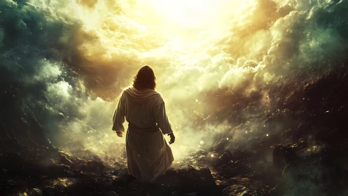 Robed wanderer steps into a storm of molten heavenlight