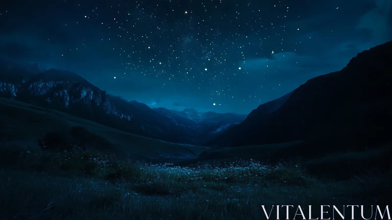 Starry night sky over dark mountain valley landscape.