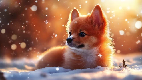 Small orange dog lying in shallow winter snow at sunset.