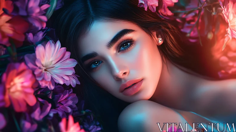 Neon-dream muse resting in a halo of electric blossoms.