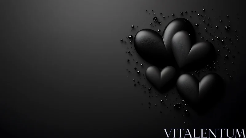 Black hearts arranged in 3D cluster with particle effects.