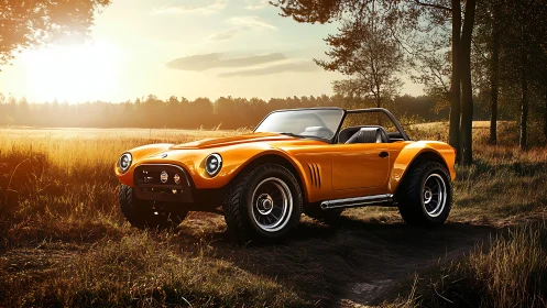 Orange off-road sports car stands on dirt path at sunset