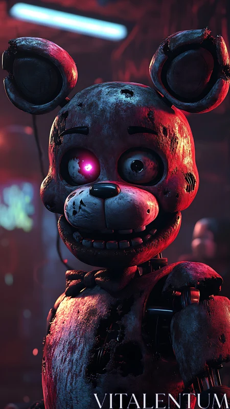 Rust-scarred animatronic bear under neon horror lighting.