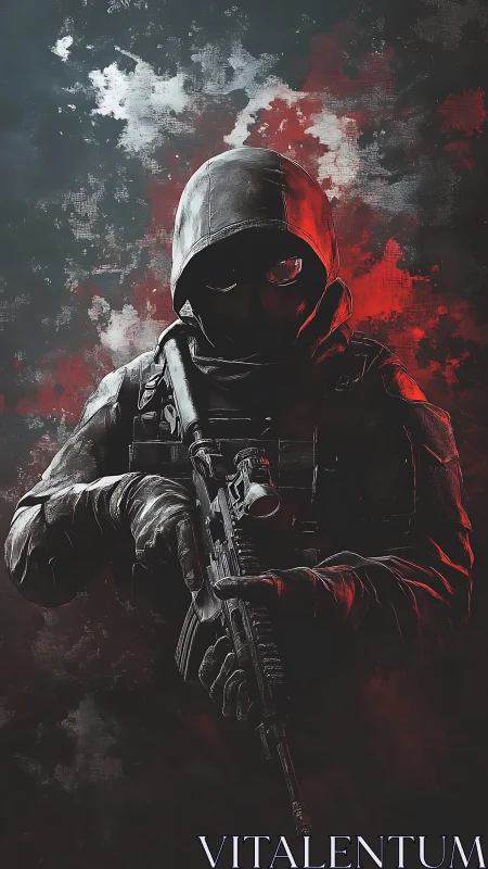 Hooded armed figure stands against red and gray backdrop