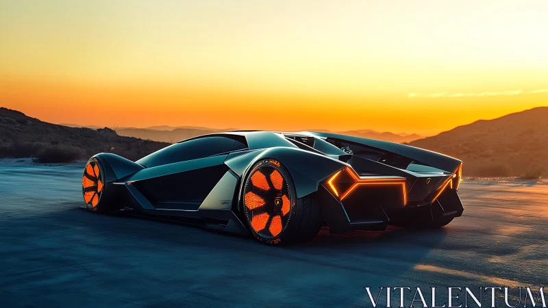 Futuristic concept supercar stands on desert road at sunset.