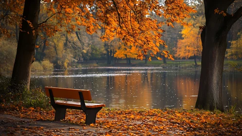 Autumn lakeside bench under glowing orange foliage at dusk.