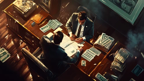 Overhead view of two men handling cash and documents.