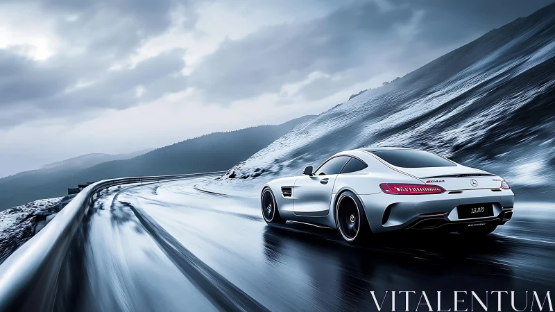 Silver sports car slices through icy mountain highway at speed.
