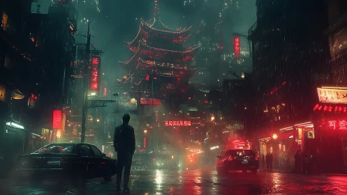 Lone figure crosses neon drenched cyberpunk street in rain