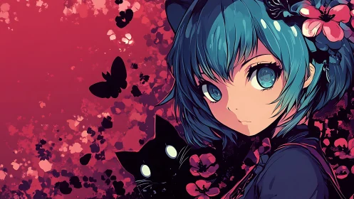Dreamy blue haired girl and curious black cat in bloom.