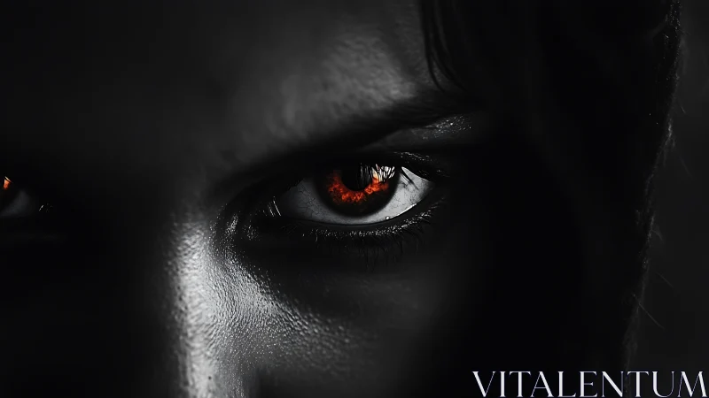 Burning red eyes pierce darkness with predatory focus.