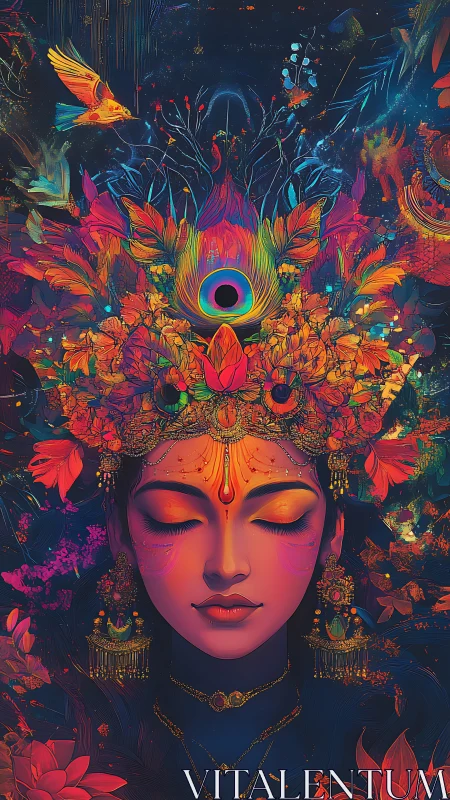 Divine portrait with peacock plume and luminous florals.