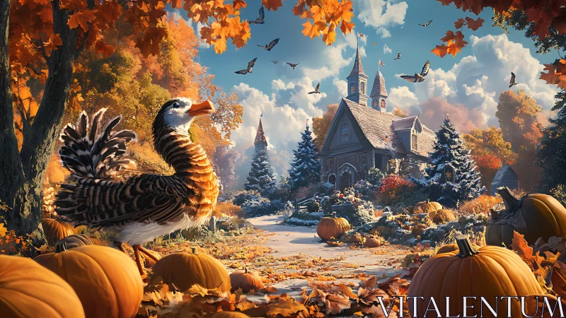 Joyful autumn goose strolls along a pumpkin-lined village path