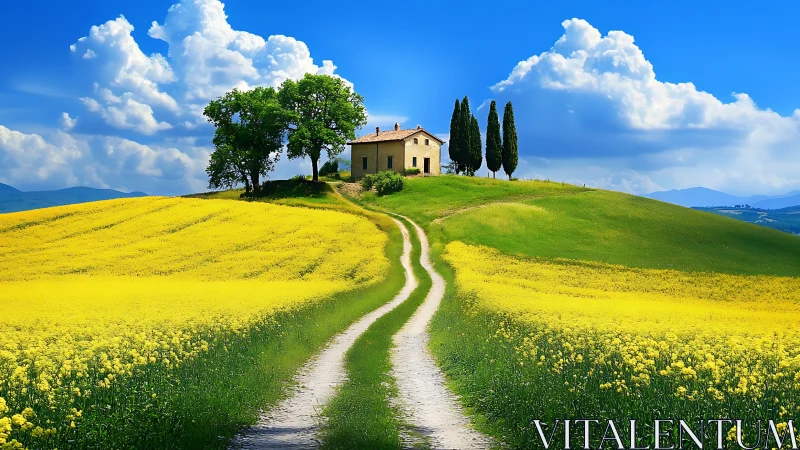 Sunlit farmhouse crowns a winding road of blooming gold