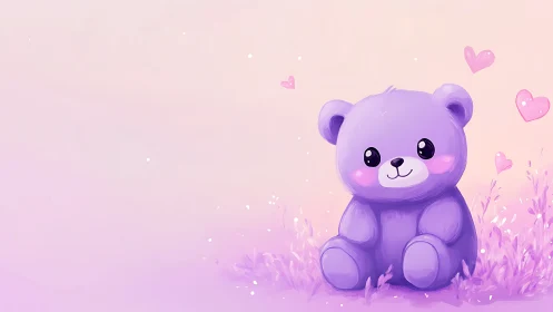 Purple teddy bear illustration on soft pink gradient field.