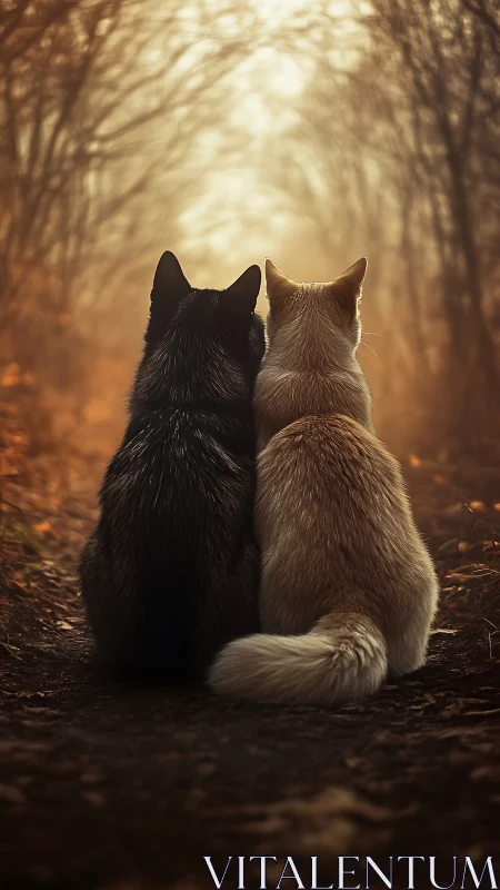 Two dogs sit on forest path under warm backlit canopy glow
