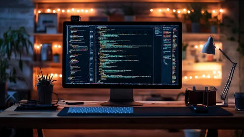 Single-monitor coding workstation under warm bokeh studio lighting
