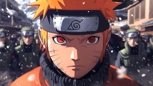 Fiery eyed ninja leads comrades through a wintry village march