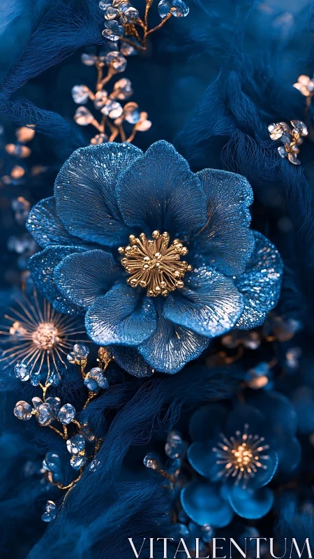 Blue Flowers with Gold Centers and Dewdrops