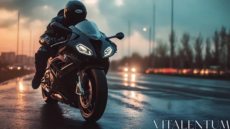 Twilight ride on wet streets with a focused night racer.