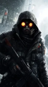 Hooded wasteland sentinel stalks through a neon blizzard