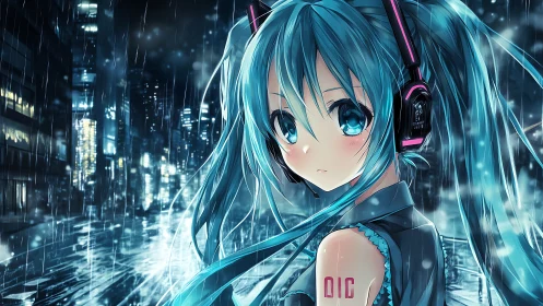 Neon-haired anime girl walks alone through rainy night city.