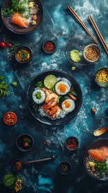 Overhead gourmet sushi tableau on textural teal backdrop.