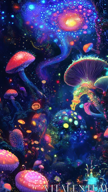 Bioluminescent mushroom cosmos rendered in neon spectral color.
