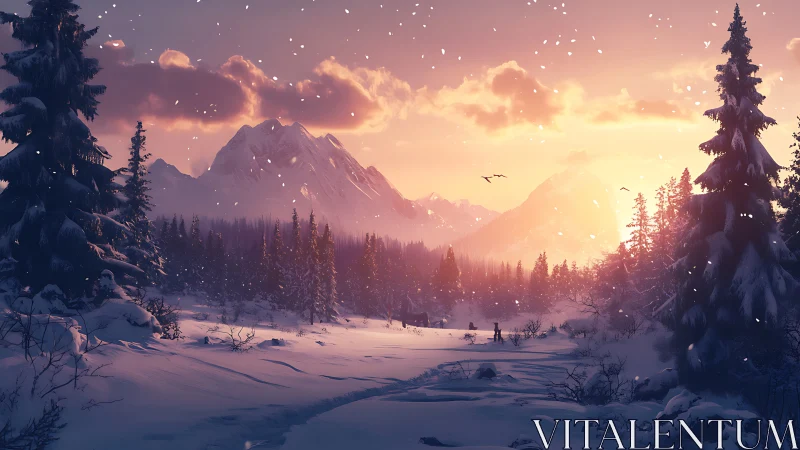 Snowy mountain valley glows under a tranquil sunset sky.