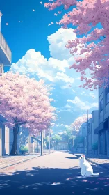 Silent cherry blossom street with solitary white cat at noon.