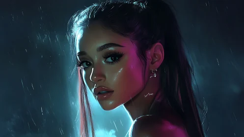 Young woman looks back under rain with neon rim lighting