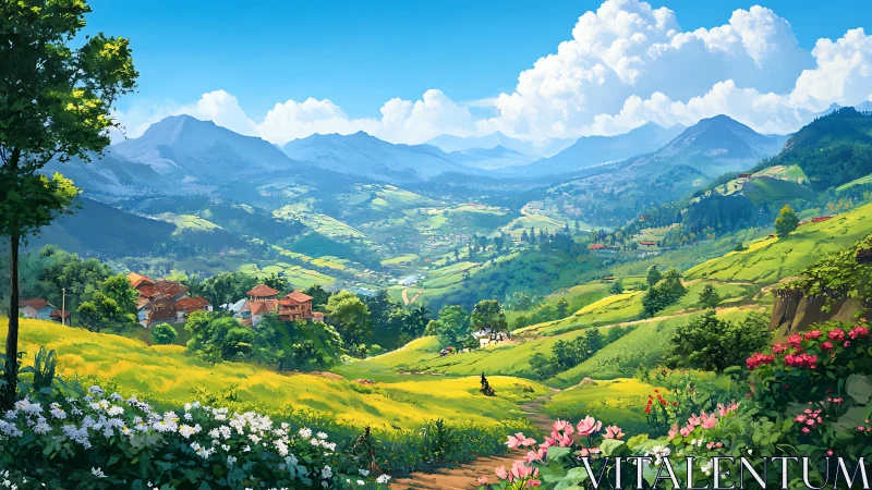 Sunlit valley village wrapped in gentle green hills.