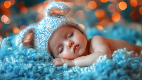 Sleeping infant in blue knit sweater and hat on soft fabric
