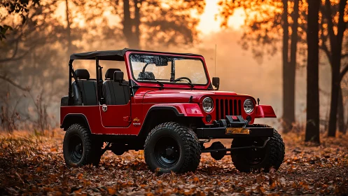 Crimson trail rover waits boldly in a fog-lit autumn forest