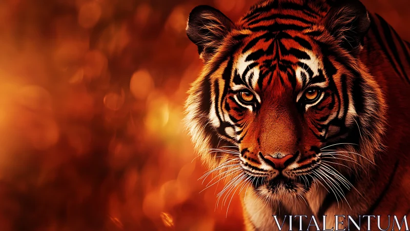 Tiger portrait under molten bokeh light with intense gaze.